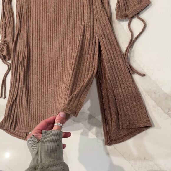 Daytrip Ribbed Flyaway Long Duster Cardigan Sweater Brown Women XS Ruched Sleeve - Picture 7 of 7